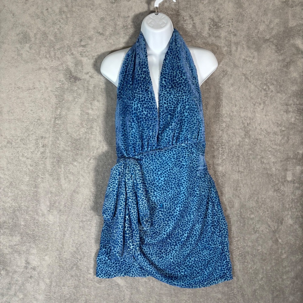 NBD Pari Mini Dress Blue Burnout Velvet Animal Print Halter Mini Wrap Dress L